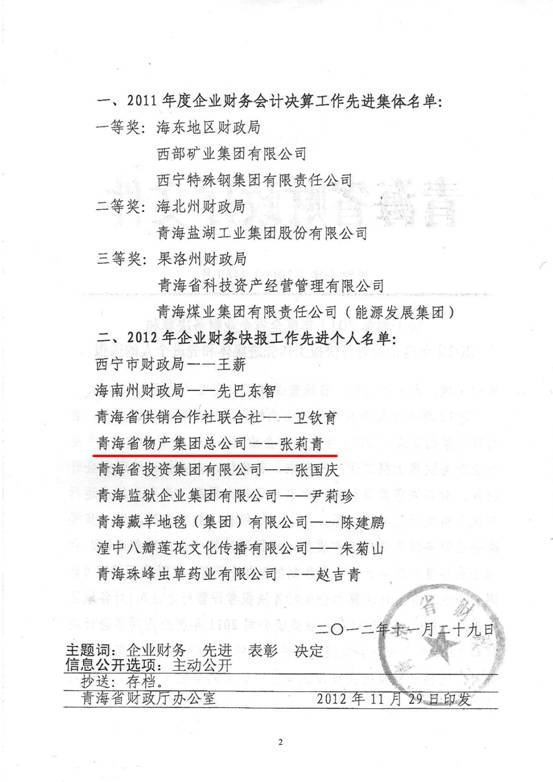 物產(chǎn)集團(tuán)榮獲2011年度財(cái)務(wù)決算先進(jìn)單位、2012年度財(cái)務(wù)快報(bào)工作先進(jìn)個(gè)人表彰